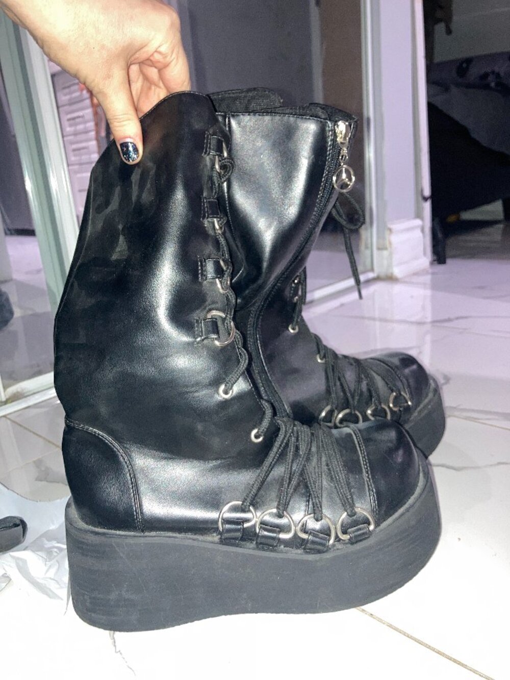 Black Knee-High Platform Boots with Silver Hardware